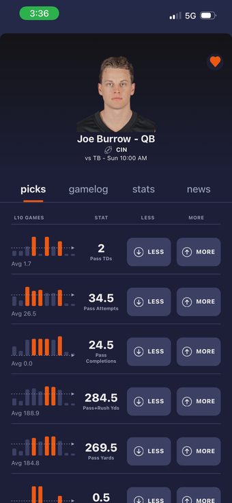 The iBET app's player screen, with a last-10-games chart for each stat line